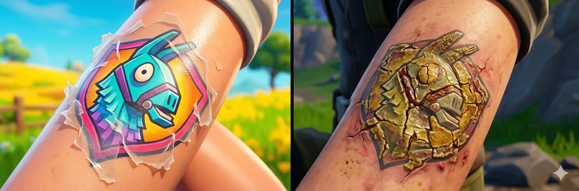 Close-up comparison showing normal thin tattoo peeling flakes on left versus abnormal thick scabbing on right, demonstrating healthy healing versus problematic healing during days 5-14