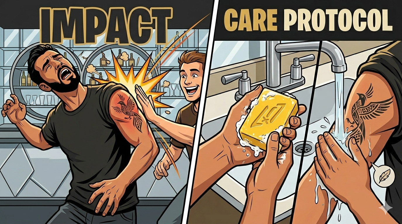 Person recoiling as enthusiastic friend slaps fresh shoulder tattoo at social gathering, showing relatable contact injury scenario with practical care solution