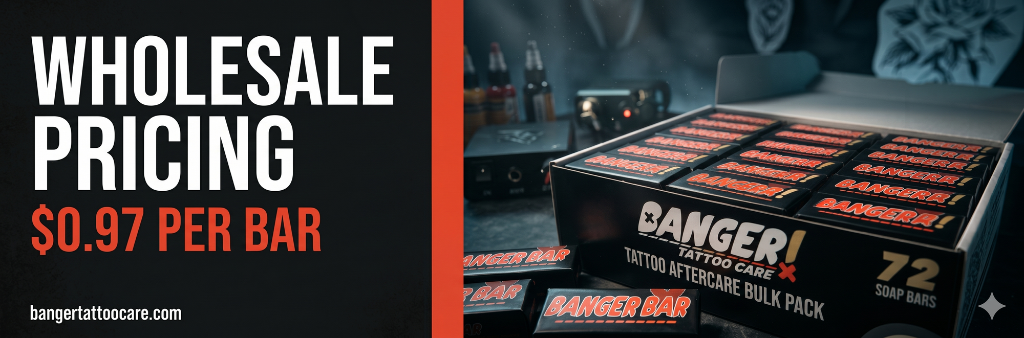 Wholesale Banger Bars tattoo aftercare soap bulk pricing for professional studios 72-pack display