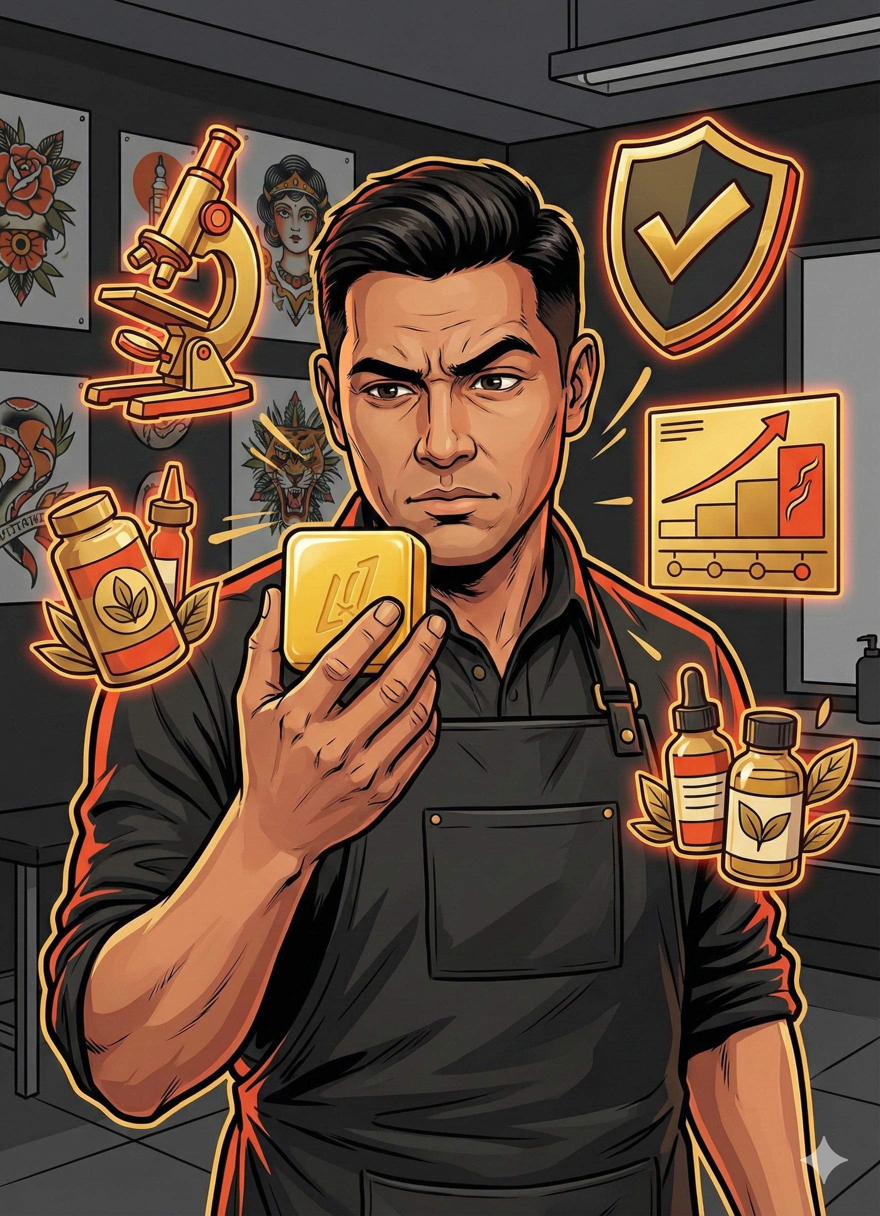 Tattoo artist examining professional aftercare products with scientific icons showing expertise and testing