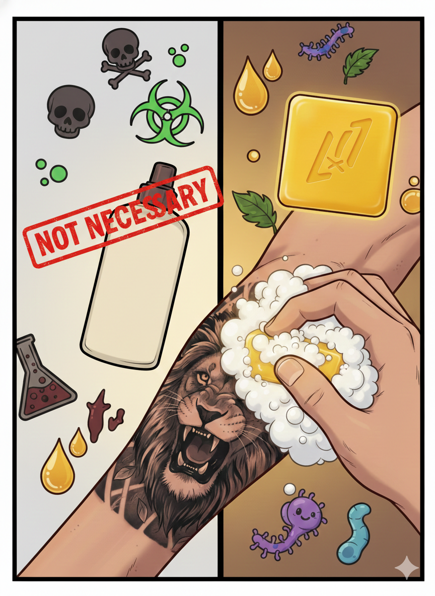 Split comparison showing Dial and Dove antibacterial soap marked as unnecessary versus Banger Day 1 Bar with gentle healing benefits for fresh tattoos