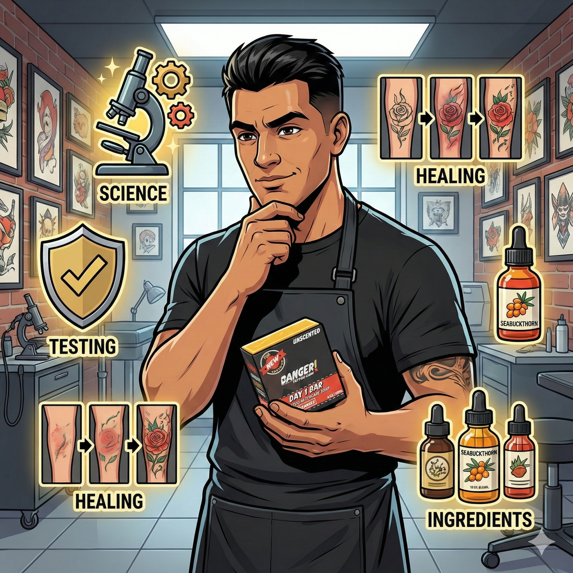 Tattoo artist examining professional aftercare products with scientific icons showing expertise and testing