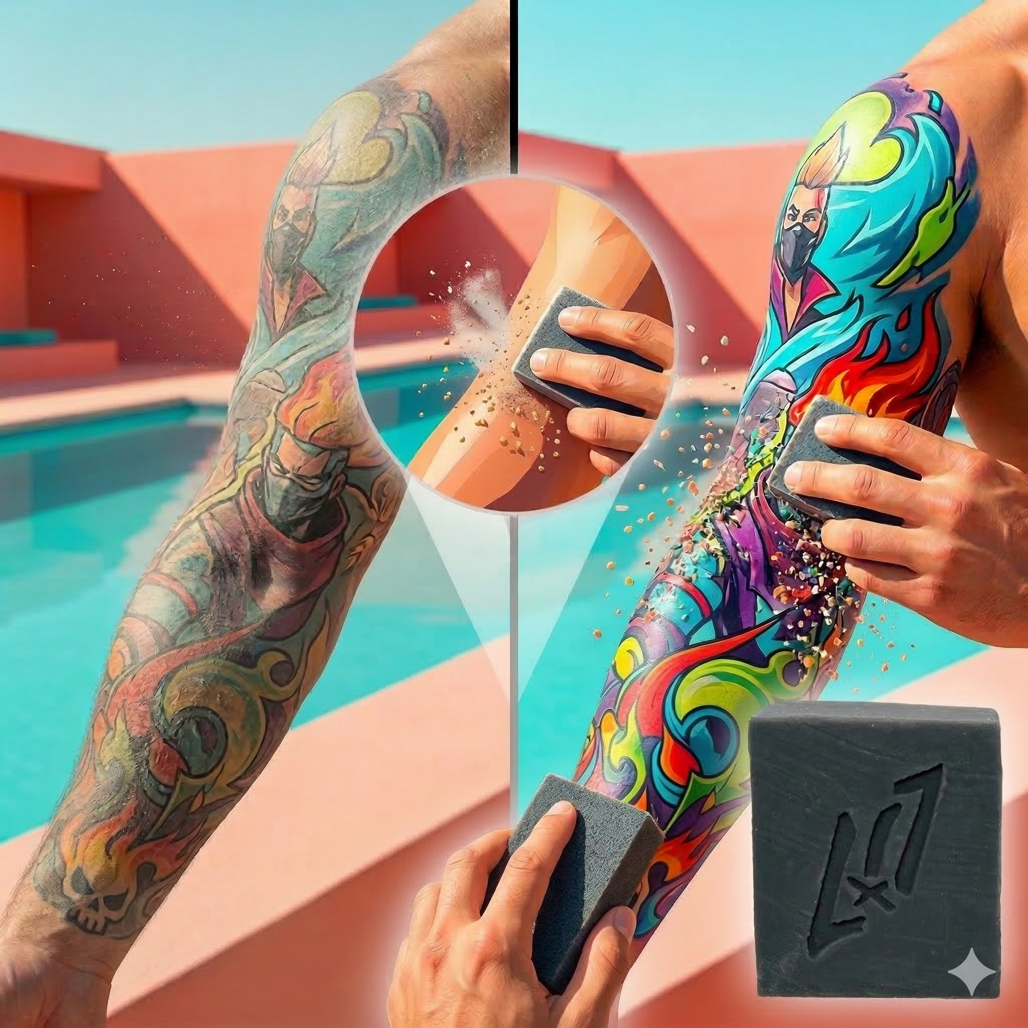 How to brighten old tattoos with exfoliating soap - before and after comparison showing dull tattoo transformed to vibrant ink