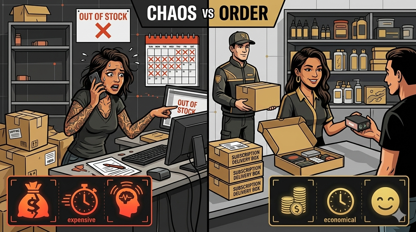 Split comparison showing stressed artist with empty shelves and chaos of one-at-a-time ordering versus calm artist with organized subscription deliveries and full inventory