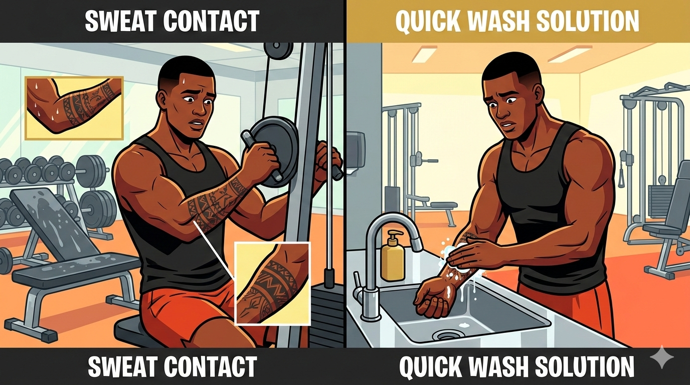 Athletic person at gym looking concerned at fresh forearm tattoo after equipment contact, showing relatable workout scenario with practical solution