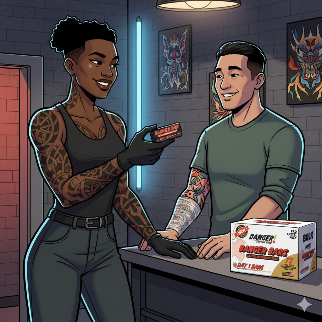 Tattoo artist handing professional aftercare products to client in modern shop