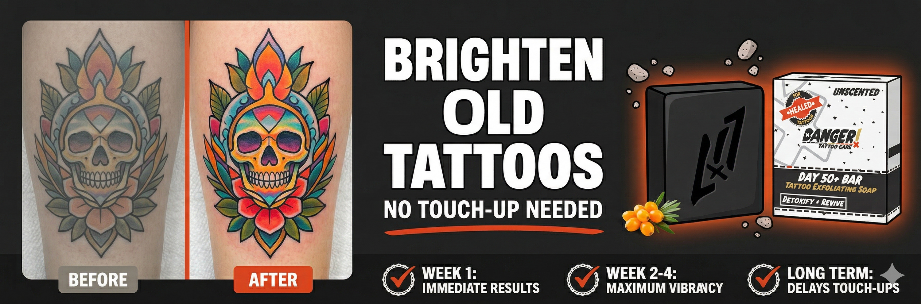 How to brighten old tattoos with exfoliating soap - before and after comparison showing dull tattoo transformed to vibrant ink