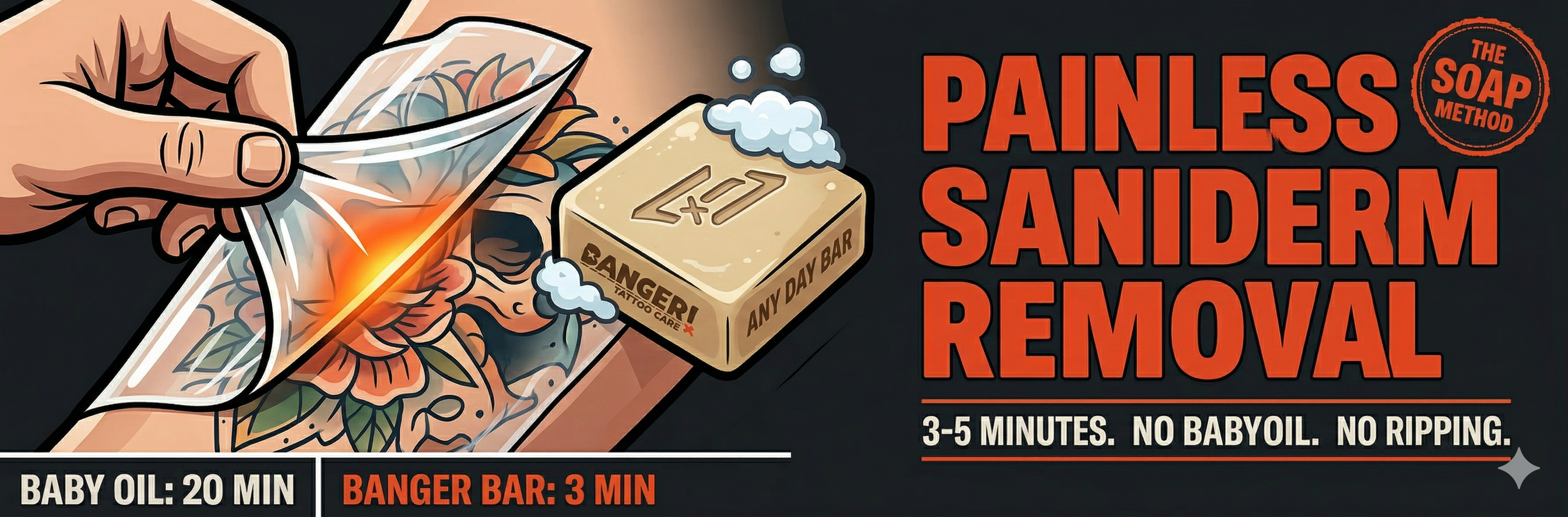 How to remove Saniderm tattoo bandage without pain using Banger Bar soap method in 3 to 5 minutes