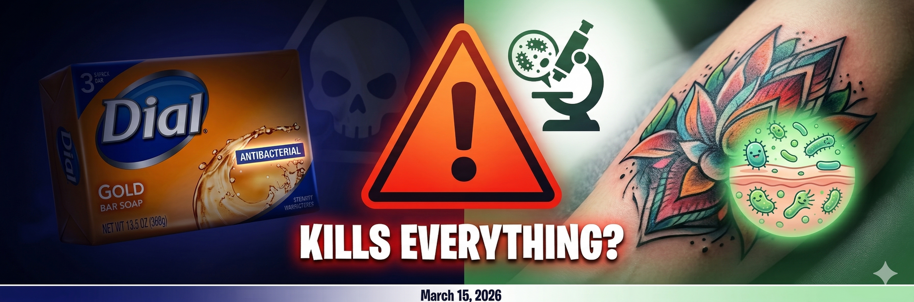 Dial Gold antibacterial soap with warning symbol next to fresh tattoo and protective skin microbiome visualization