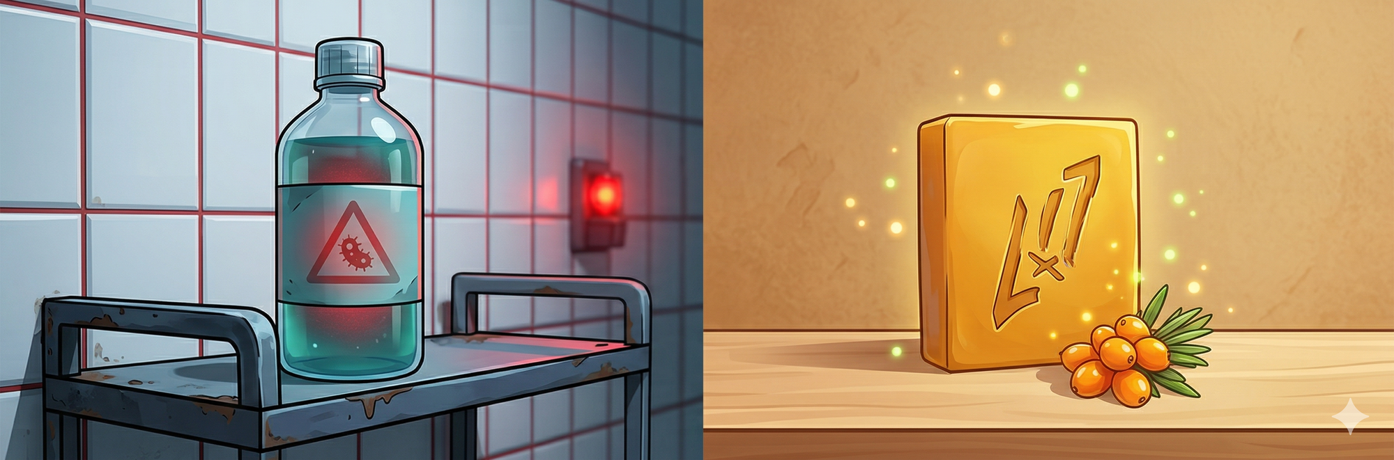 Split image showing antibacterial soap being rejected for tattoo healing versus microbiome-friendly bar soap supporting skin recovery