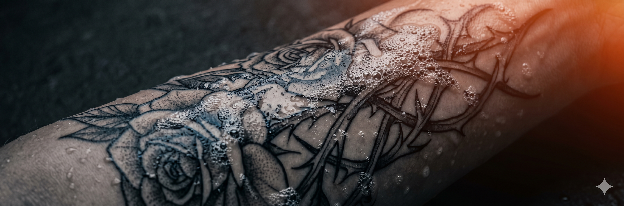 Macro photograph of soap lather on a fresh tattoo, illustrating why using baby soap on a new tattoo can irritate the healing skin barrier.