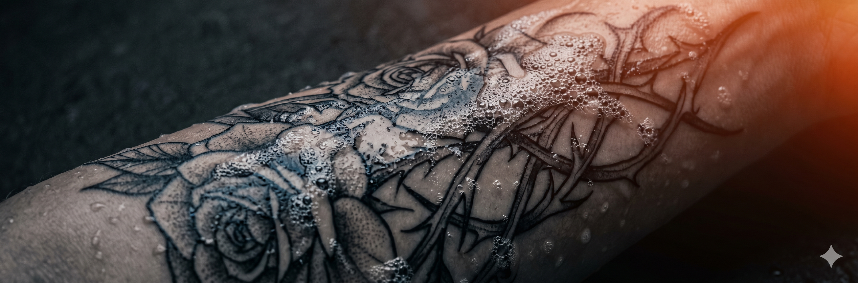 Macro photograph of soap lather on a fresh tattoo, illustrating why using baby soap on a new tattoo can irritate the healing skin barrier.