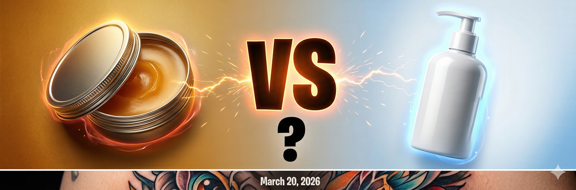 Tattoo balm tin versus lotion bottle in dramatic showdown comparison with fresh tattoo at stake