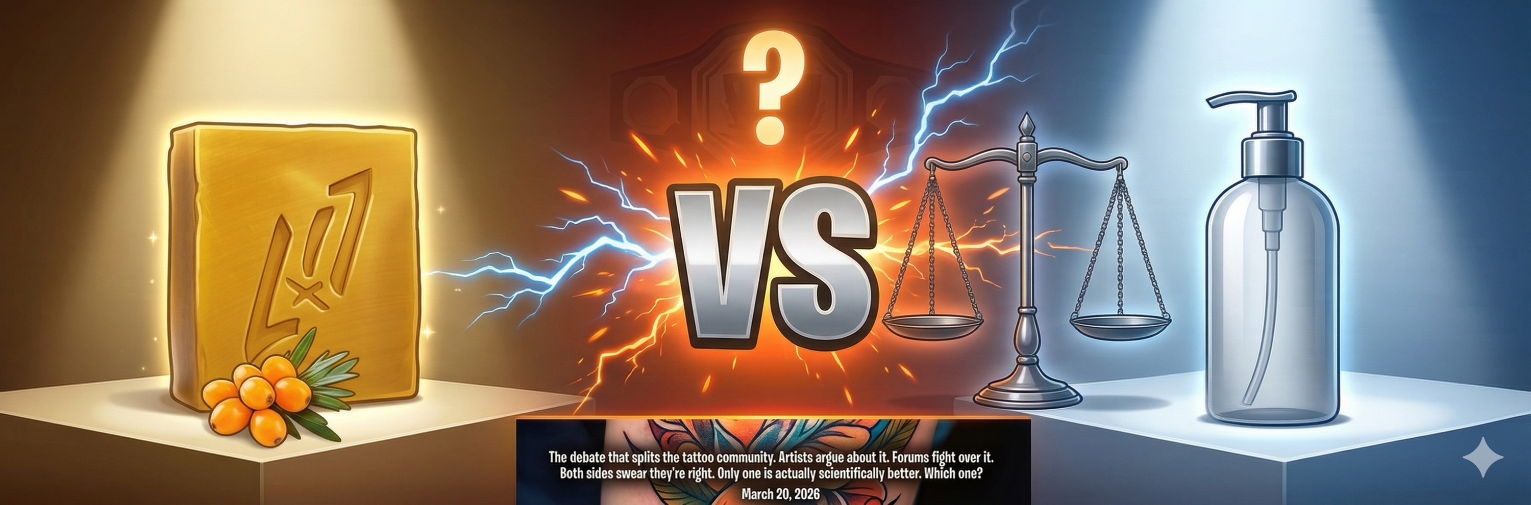 Bar soap versus liquid soap in equal championship showdown battle with fresh tattoo as the prize at stake