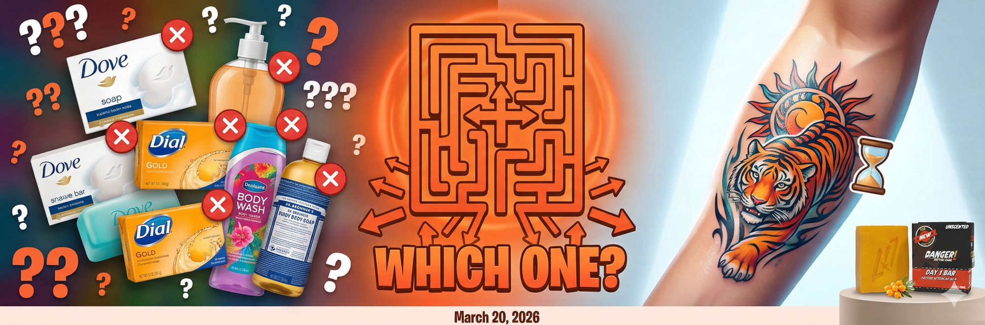 Multiple soap products with red X marks and question marks creating decision paralysis next to fresh vulnerable tattoo