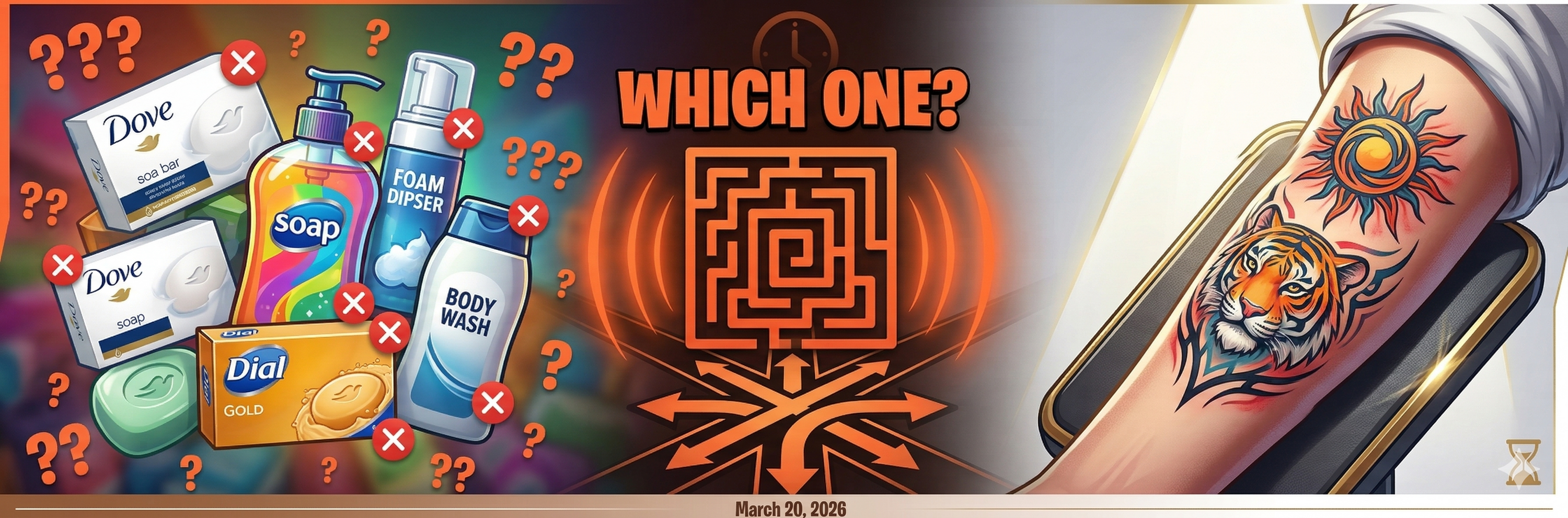 Multiple soap products with red X marks creating decision paralysis next to fresh vulnerable tattoo needing immediate care