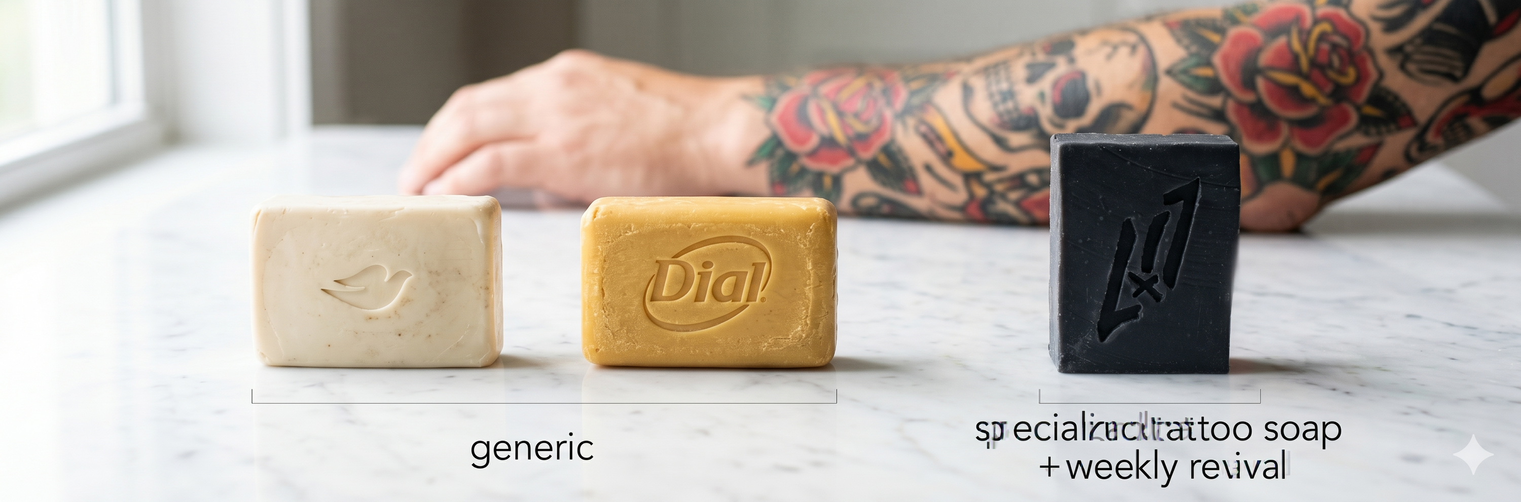 Best soap for healed tattoos comparison: Dove and Dial generic bars vs Day 50+ Bar specialized exfoliating soap with jojoba beads