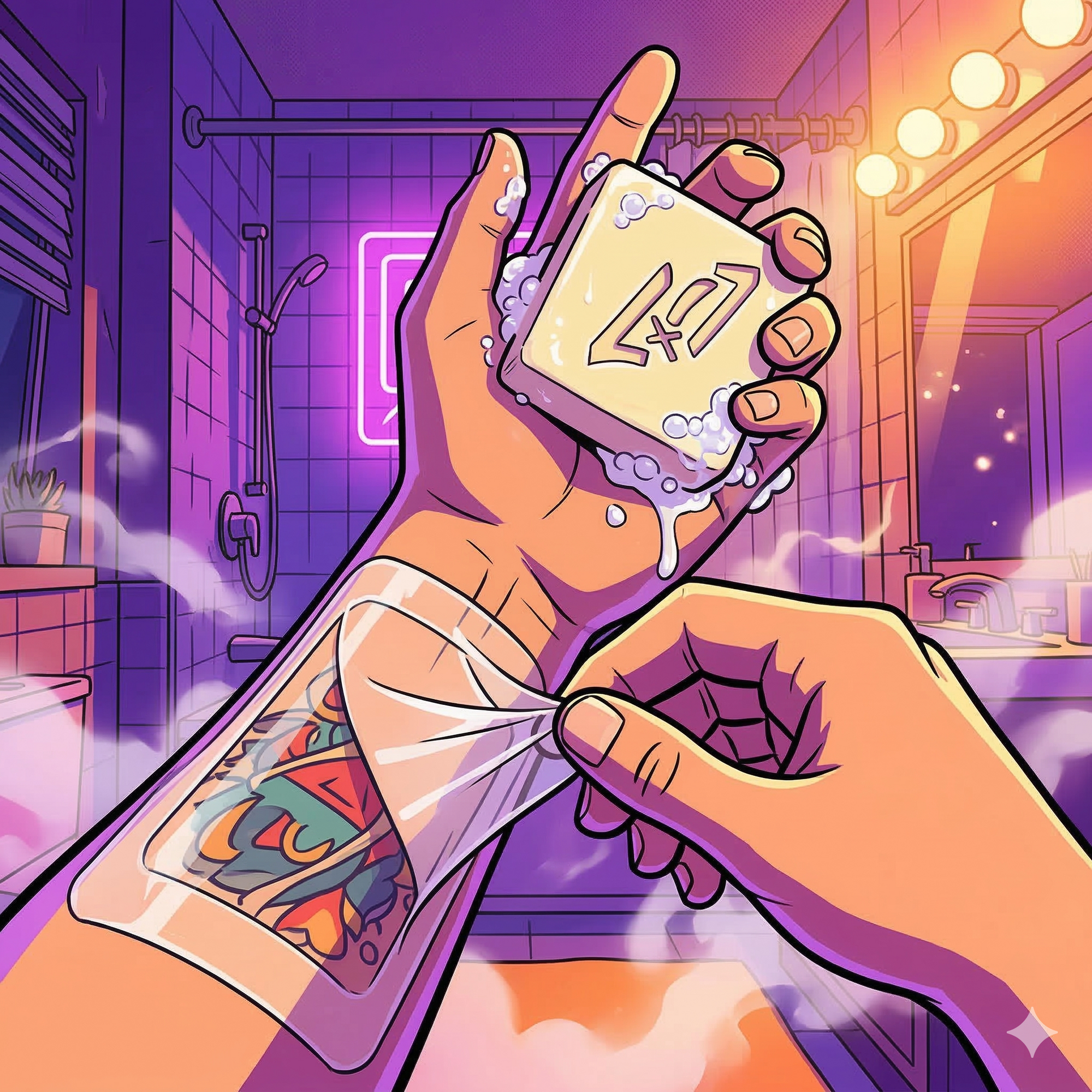 Hand holding Banger soap bar removing Tegaderm bandage without pain or baby oil mess