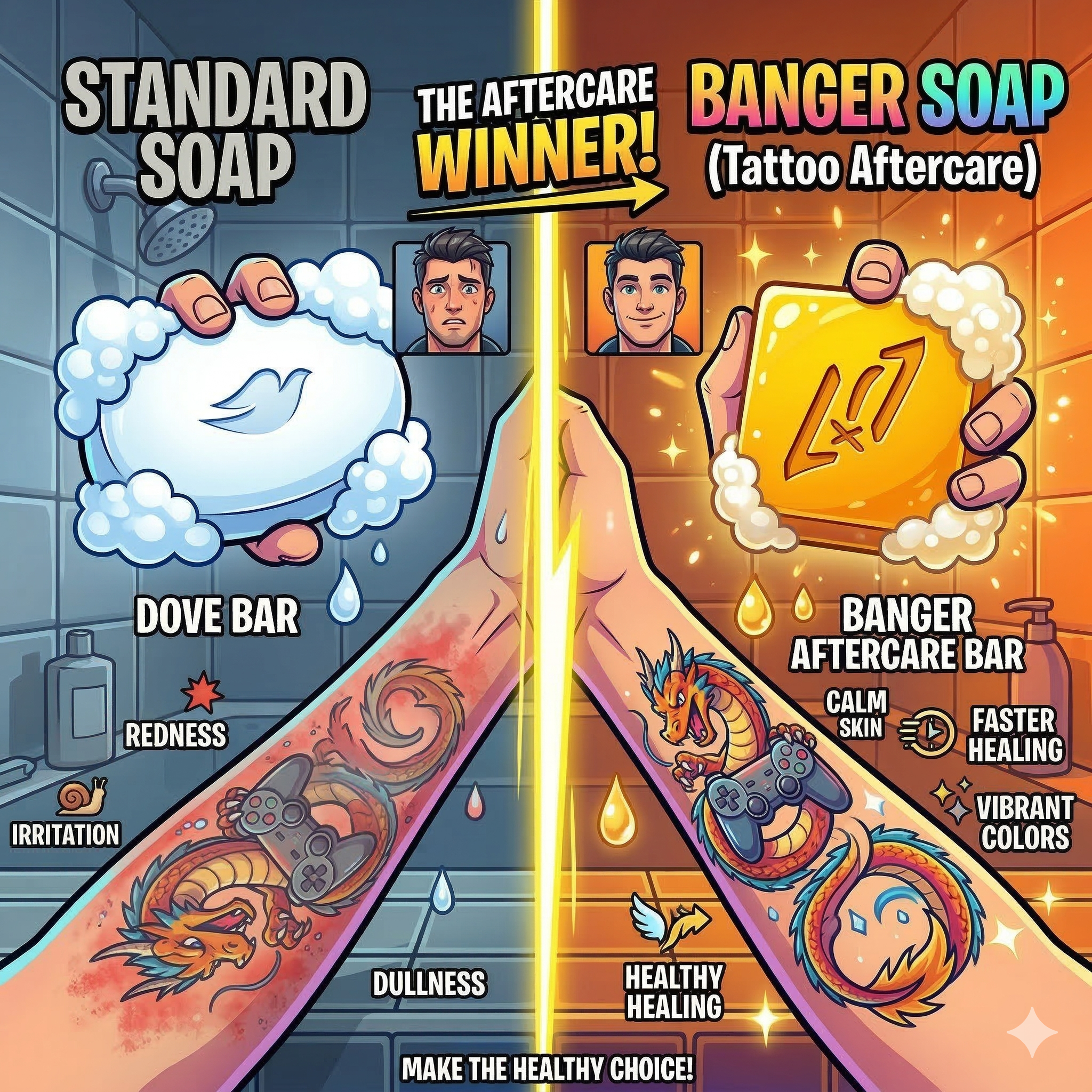Comparison showing Banger Day 1 Bar superior to Dove soap for healing fresh tattoos faster