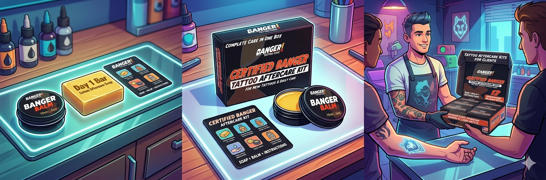 Professional tattoo aftercare kit showing essential components including bar soap, balm, and clear instructions for proper healing