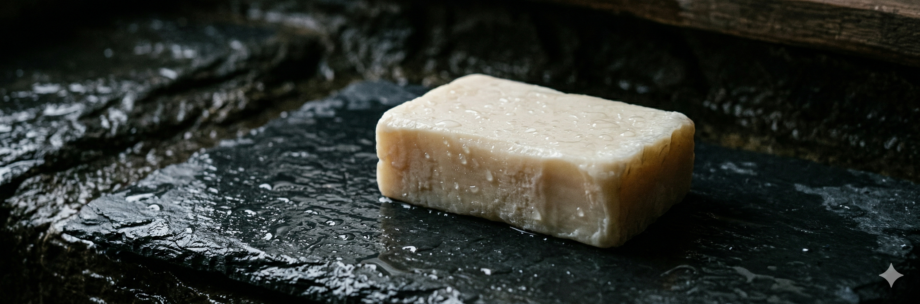 Bar of unbranded soap on dark wet stone surface