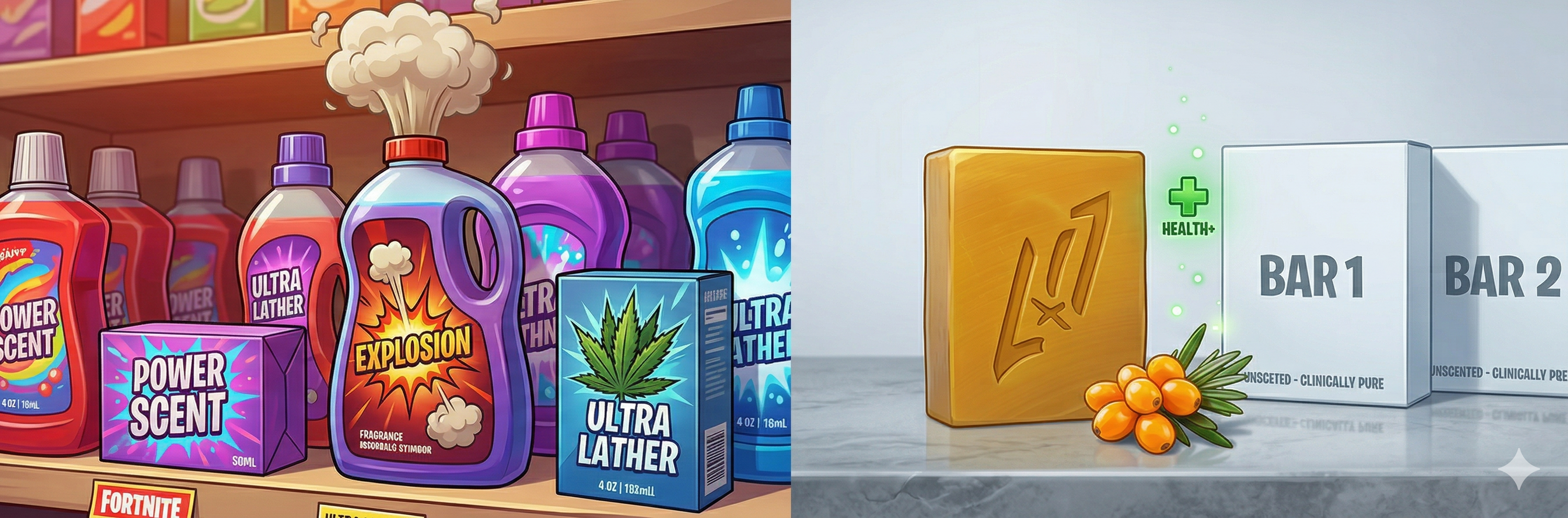 Split image showing fragrance-filled mainstream soaps on the left versus a clean fragrance-free bar soap on the right for tattoo healing