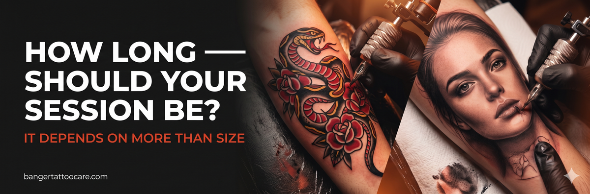 Traditional and realism tattoos in progress side by side — how long a tattoo session should be depends on style artist speed placement and physiology not just size