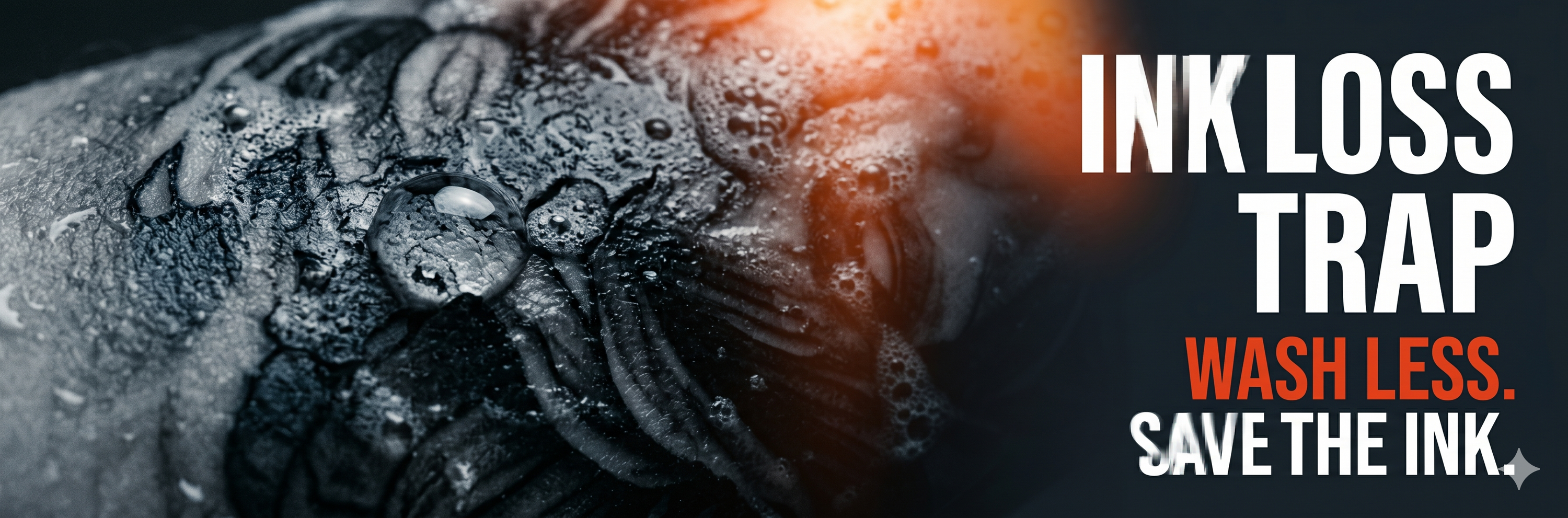 Macro photograph of water droplets and cold-process soap lather on a fresh tattoo, highlighting the proper washing frequency for tattoo aftercare.