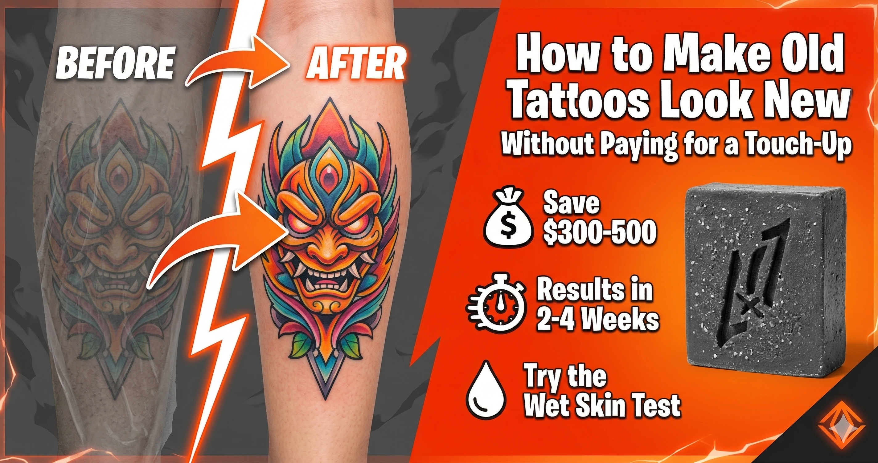 Before and after exfoliation showing old tattoo restored to original brightness by removing dead skin buildup - no touch-up needed