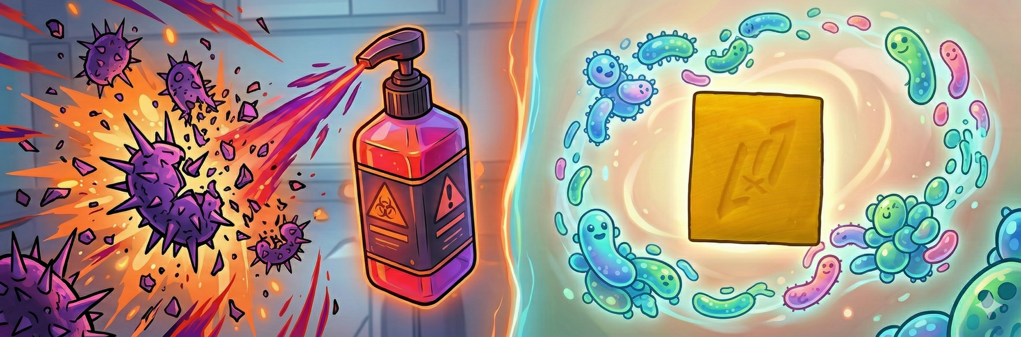 Split image showing harsh antibacterial soap disrupting skin microbiome versus microbiome-friendly bar soap supporting tattoo healing