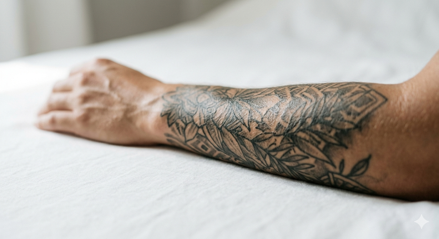 Healed tattoo on forearm showing healthy moisturized skin