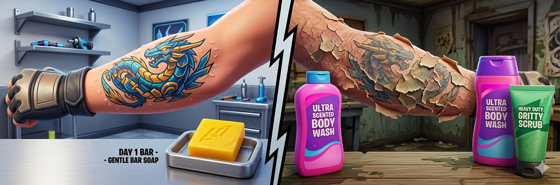 Comparison showing minimal tattoo peeling with proper aftercare versus excessive peeling from harsh products and incorrect methods