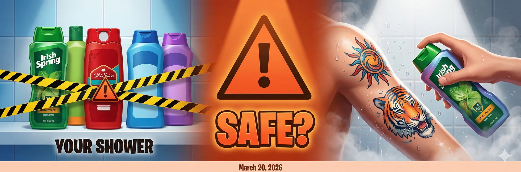 Colorful body wash bottles on bathroom shelf with warning symbol next to person about to wash fresh new tattoo