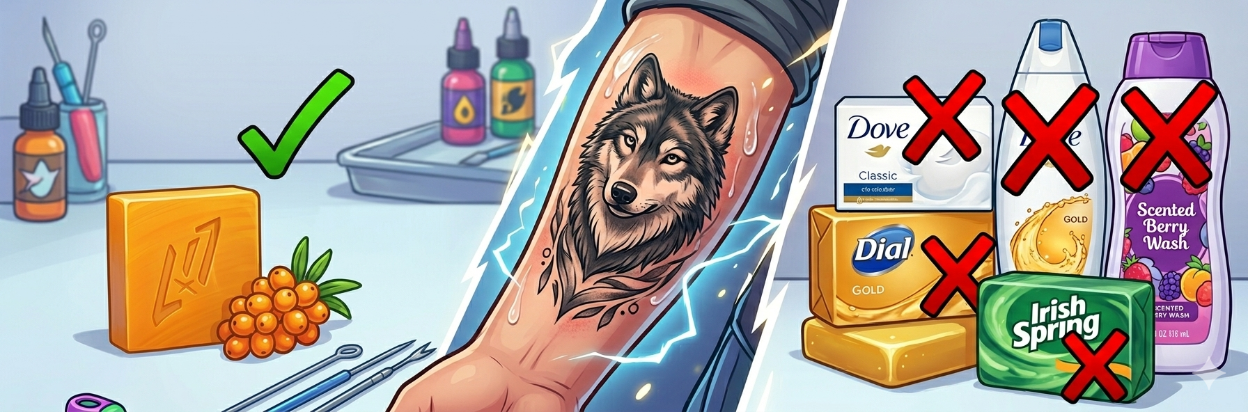 Comparison showing safe fragrance-free regular soap versus unsafe scented soap for new tattoo healing with product examples