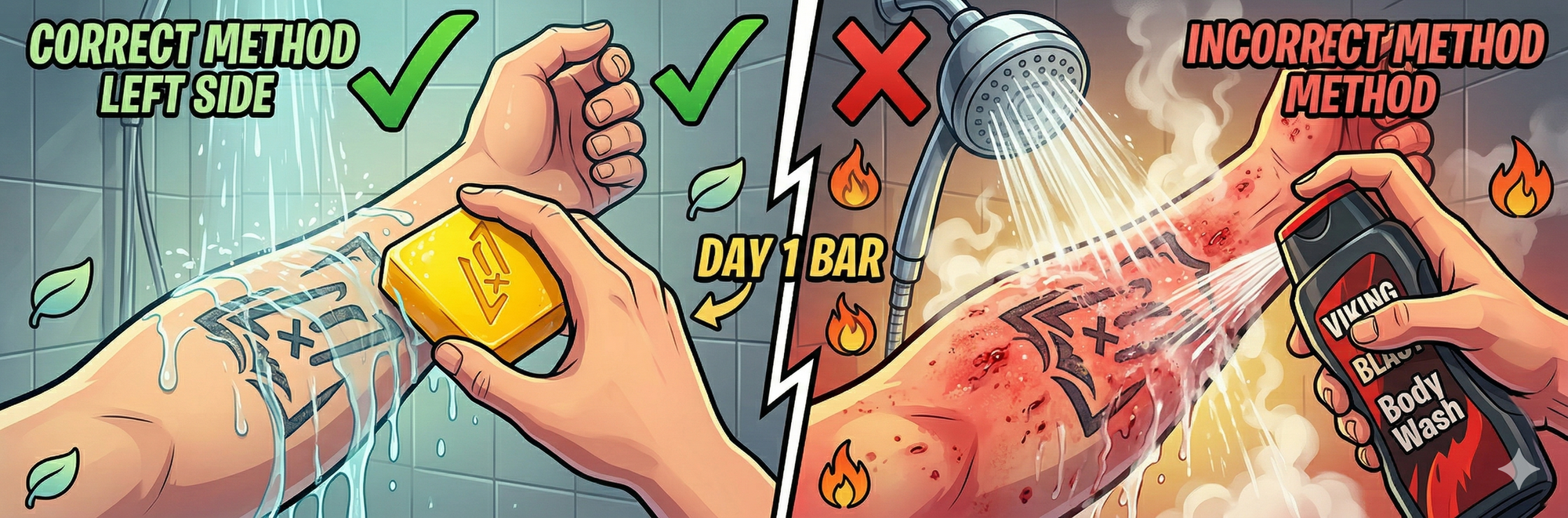 Comparison showing correct method for showering with new tattoo using lukewarm water and bar soap versus incorrect method with hot water and harsh body wash causing irritation