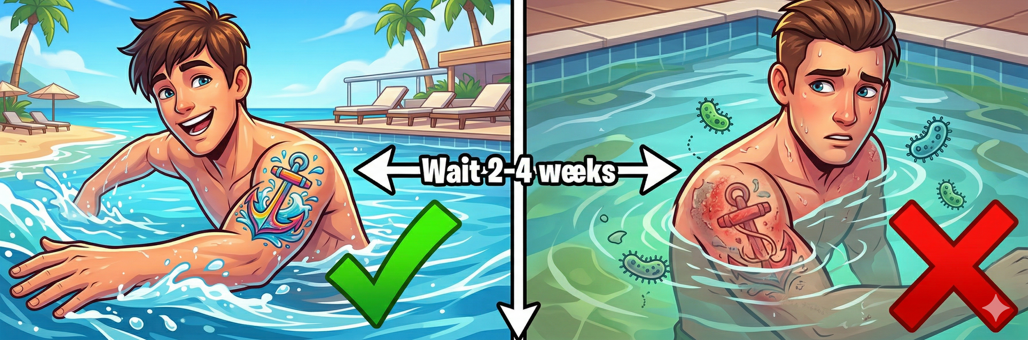 Comparison showing safe timeline for swimming after getting tattooed versus dangerous early water exposure causing infection and fading
