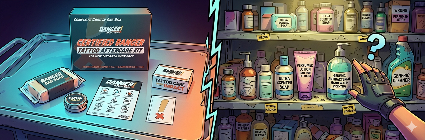 Comparison of professional tattoo aftercare kit with organized products versus DIY drugstore products showing confusion and incorrect choices