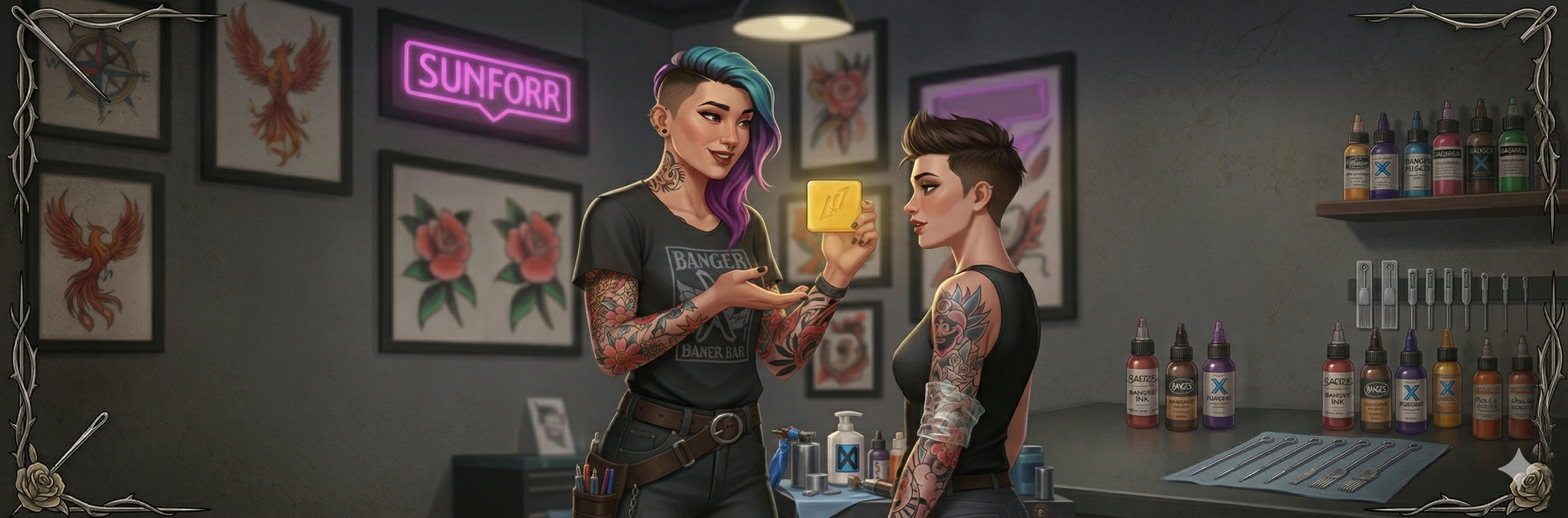 Tattoo artist showing client proper aftercare technique with professional products and written instructions demonstrating trust-building through education
