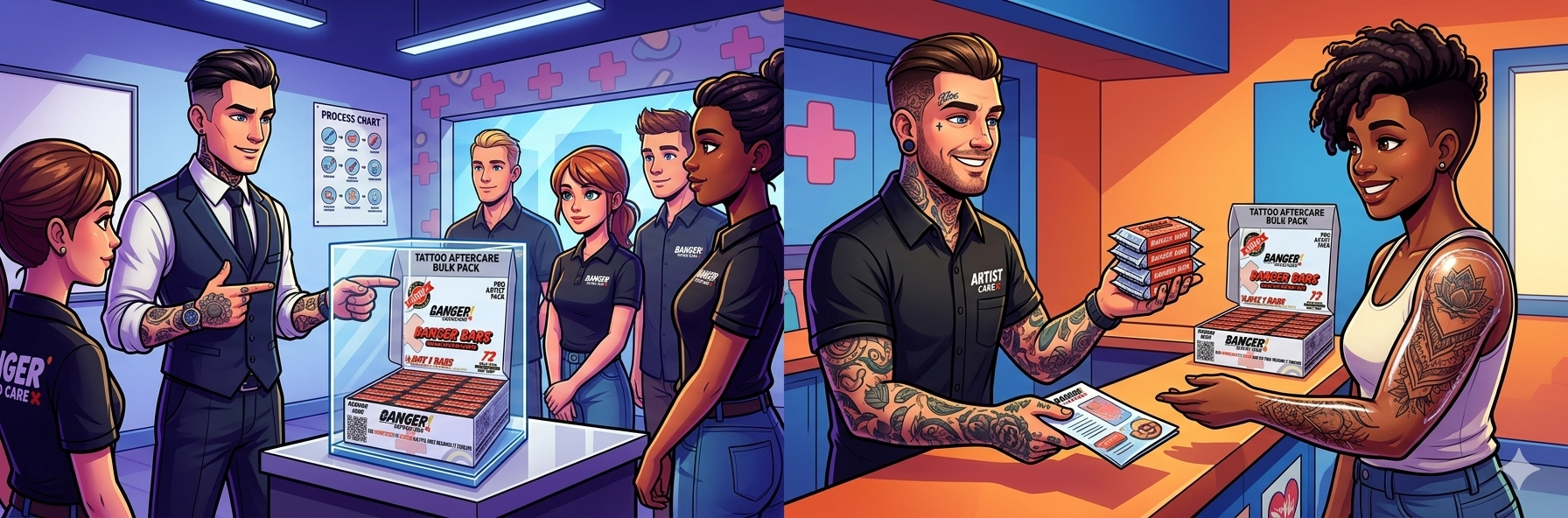 Tattoo shop staff training session demonstrating professional aftercare product handoff with consistent messaging across team members