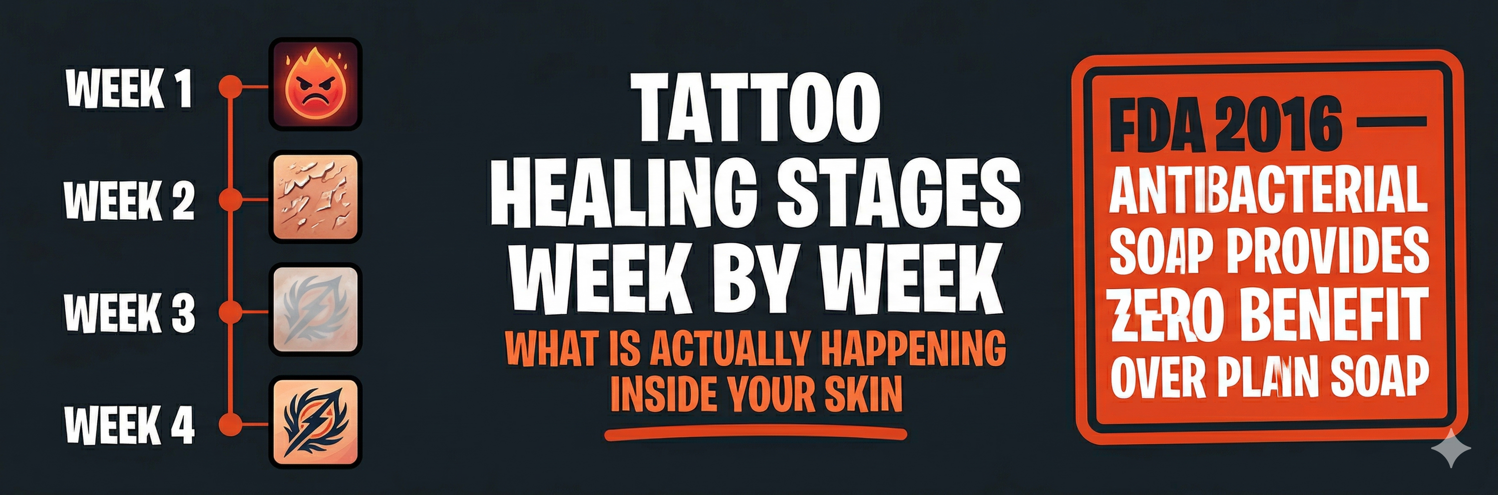 Tattoo healing stages week by week guide showing inflammatory phase peeling milky stage and why antibacterial soap fails at every healing stage