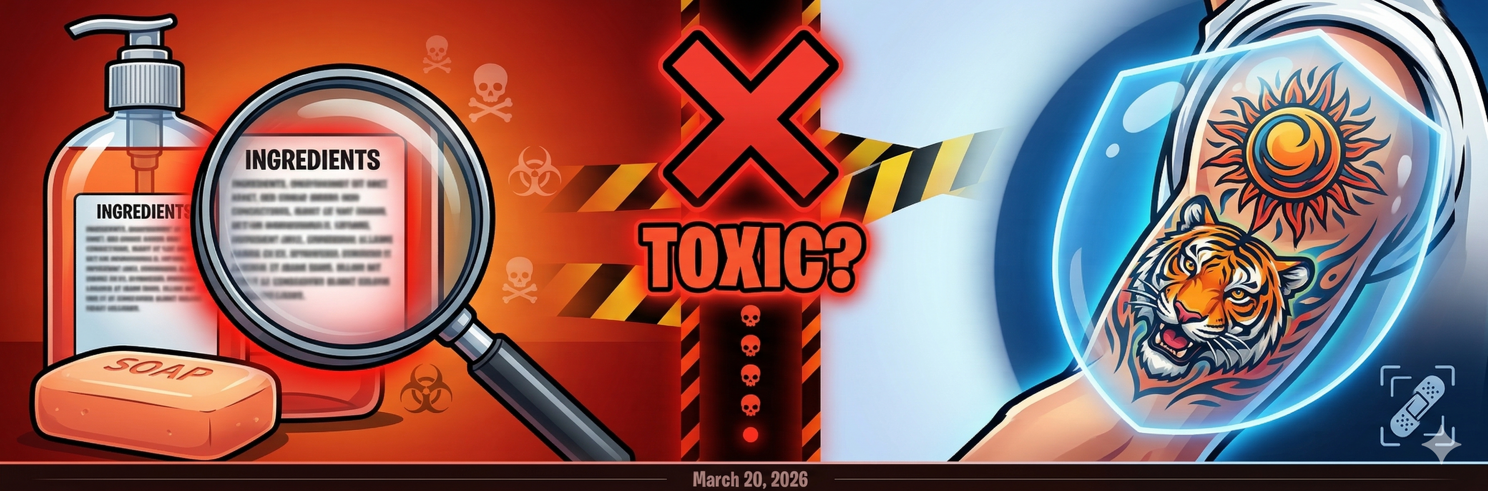 Magnifying glass examining soap ingredient label with toxic warning symbols next to protected fresh tattoo