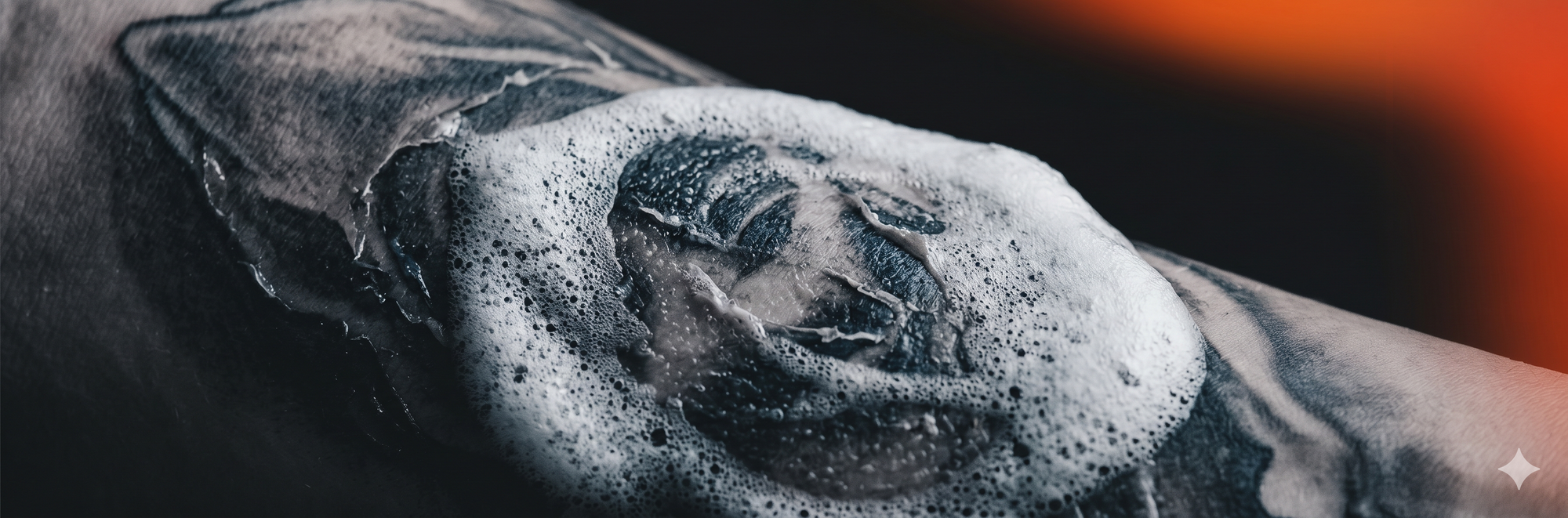 Macro photograph of thick cold-process soap lather being gently pressed onto a peeling black and grey tattoo.