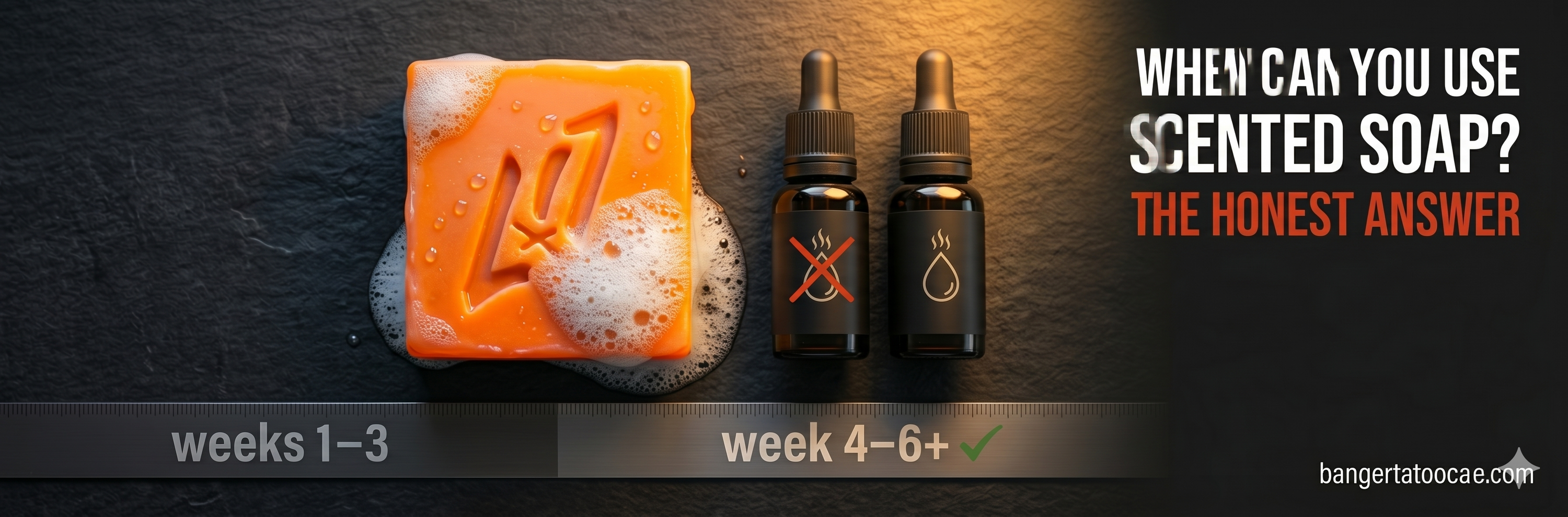 Timeline showing when you can use scented soap on a new tattoo — fragrance-free required for first four to six weeks of healing