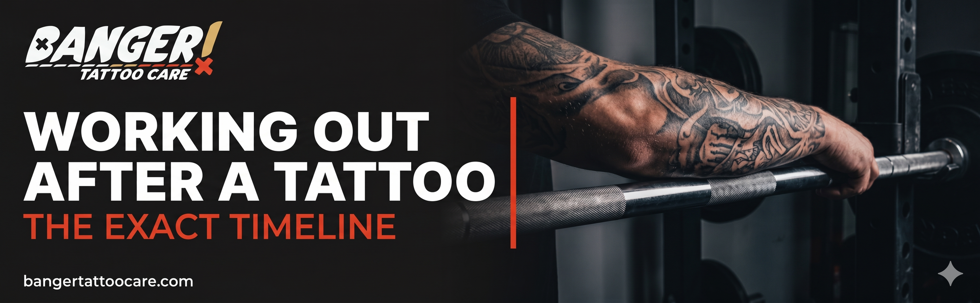 Tattooed forearm gripping barbell — when can you work out after a tattoo exercise timeline by placement