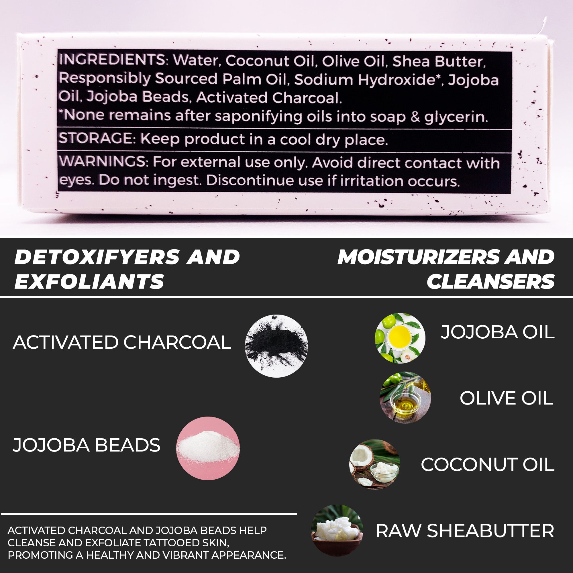 Activated Charcoal Tattoo Exfoliating Soap, 3.5-4oz Bar (For Fully Healed Tattoos Only)