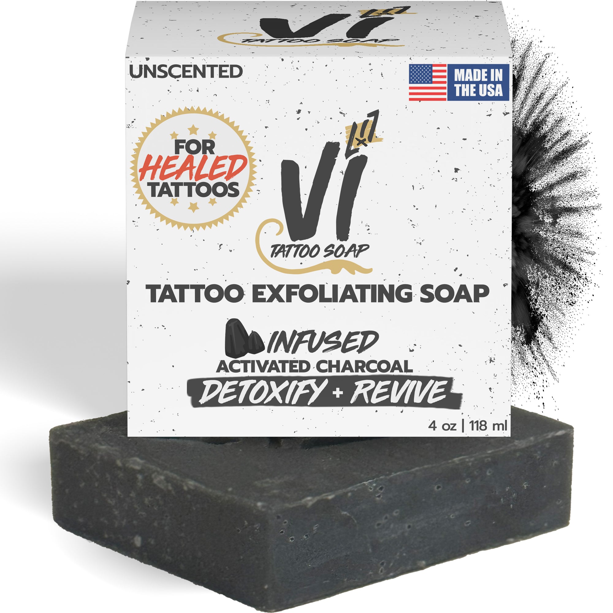 Activated Charcoal Tattoo Exfoliating Soap, 3.5-4oz Bar (For Fully Healed Tattoos Only)