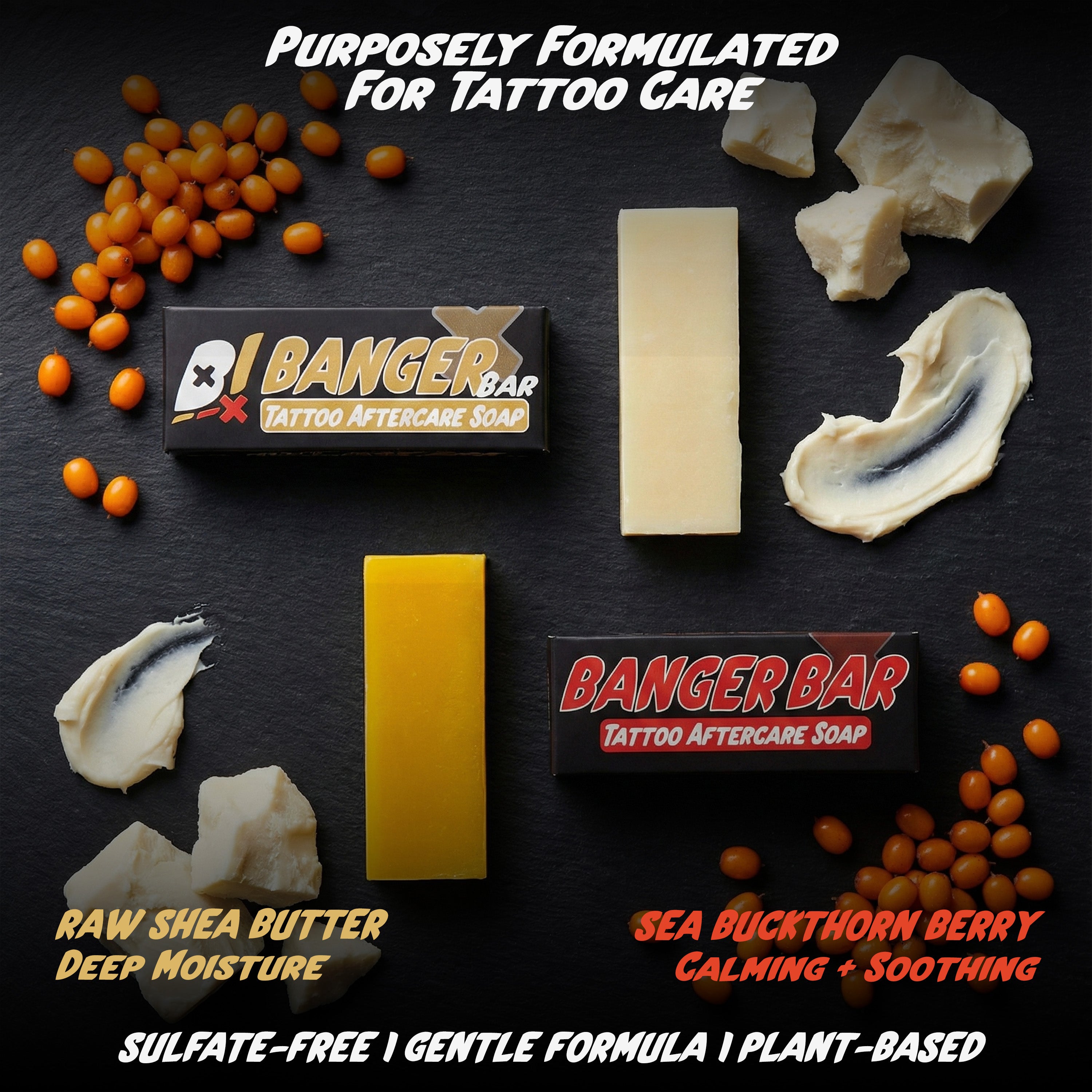 Banger Bar tattoo aftercare soap with raw shea butter and sea buckthorn berry on a dark surface.