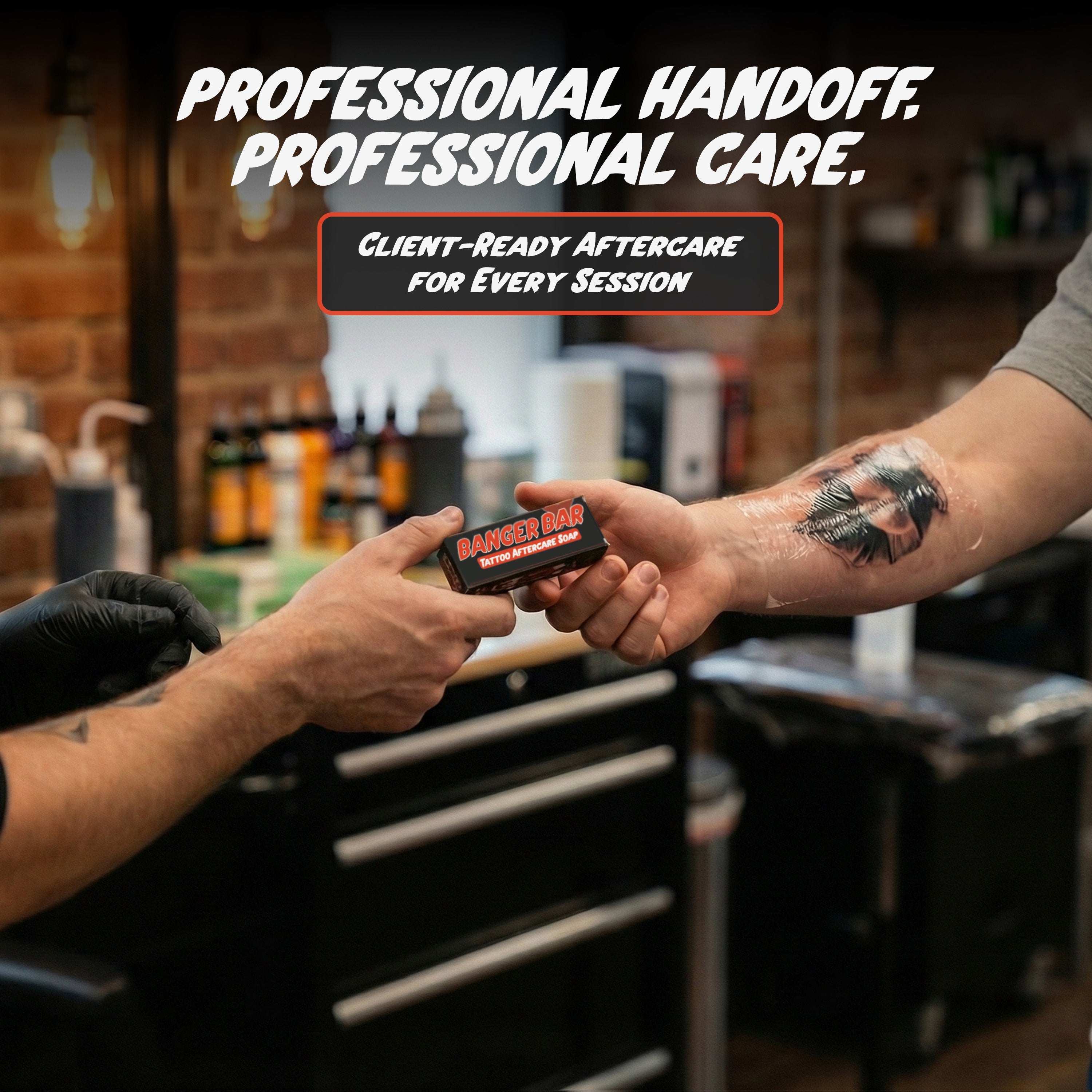 Two people exchanging a product labeled 'Banger Bar' in a barbershop setting with text about professional handoff and aftercare.