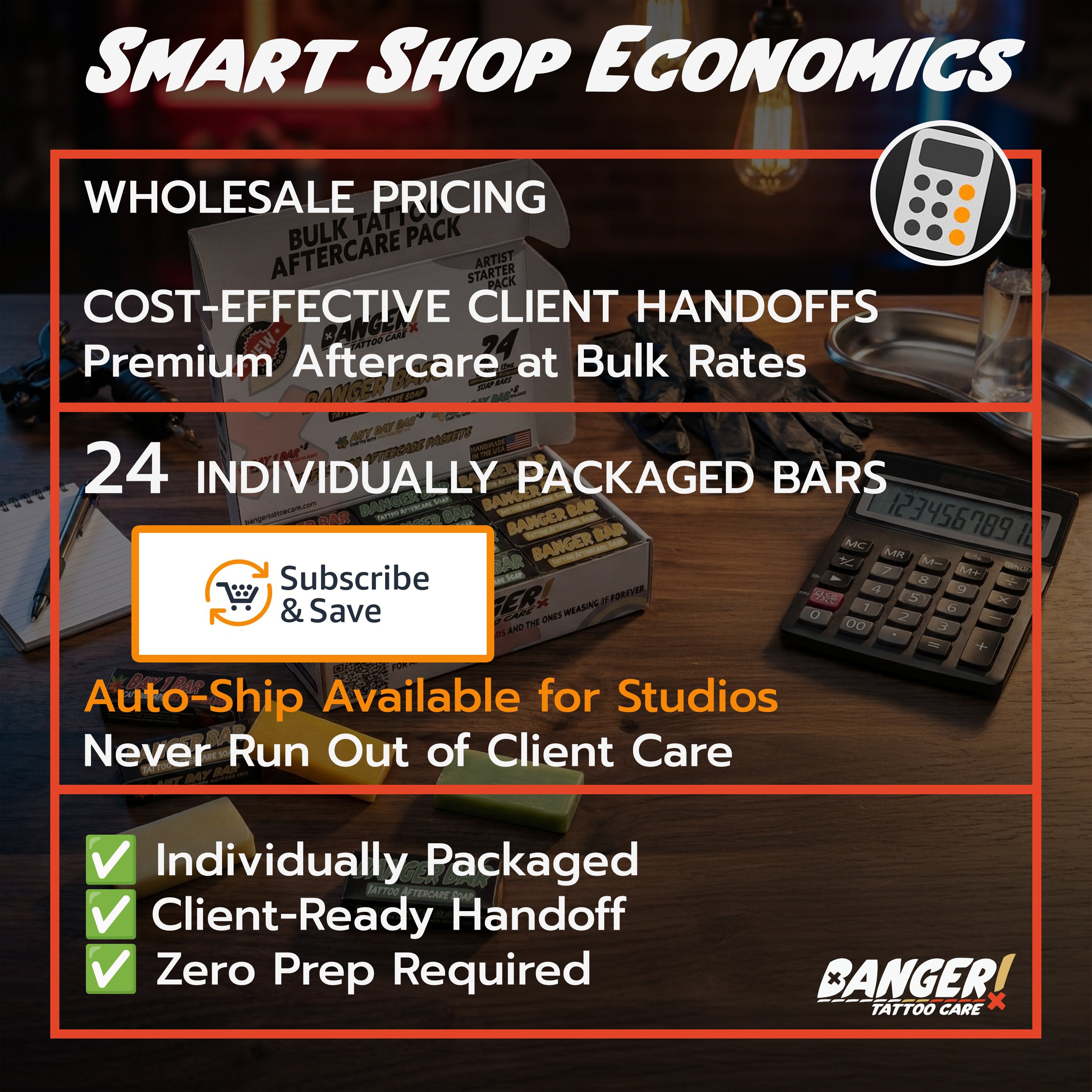 Advertisement for Banger Tattoo Care with text about wholesale pricing, client handoffs, and packaging on a dark background.